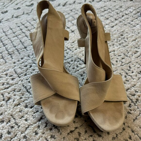 Diane Von Furstenberg Beige Suede Peep-Toe Heels 4.5" Stiletto‎ Sandals Size 8.5 - Picture 2 of 14
